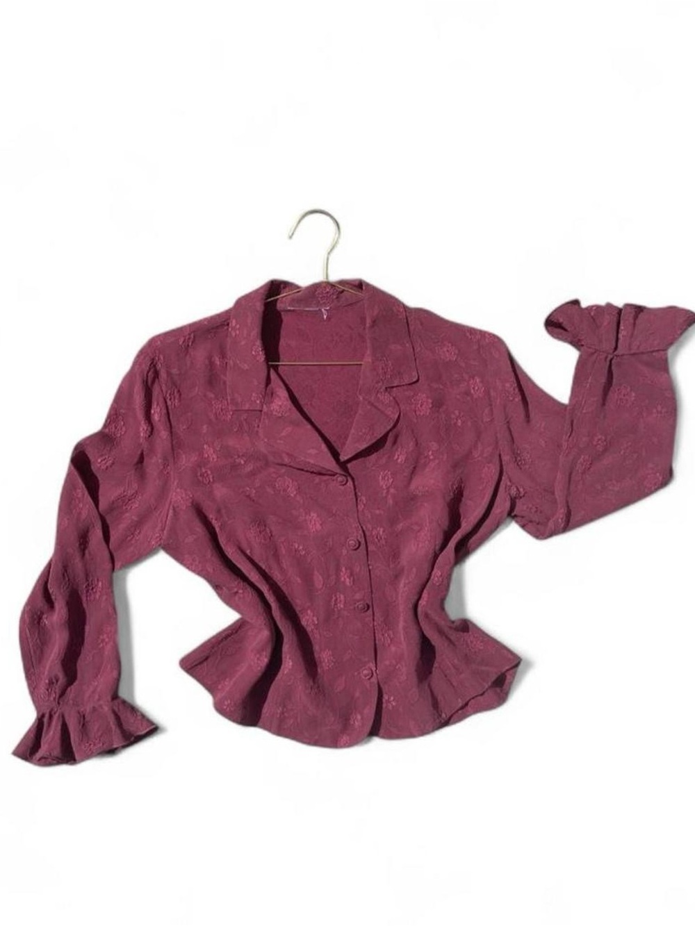 Vintage 90s Burgundy Floral Jacquard Blouse — Vampy Cottagecore Top (Fits S/M)